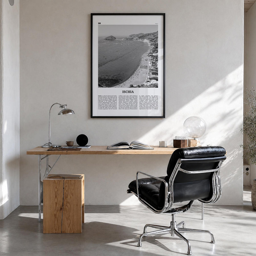 Ischia black & white newspaper poster of Italy – vertical wall art in black wood frame, hanging on wall