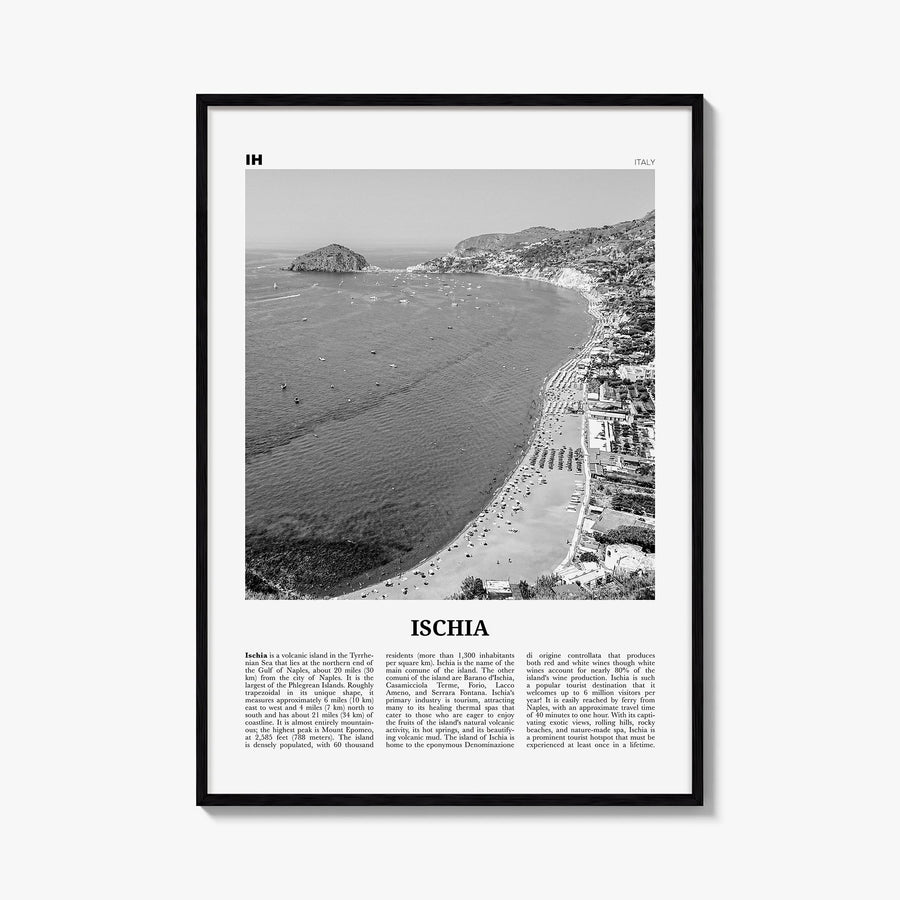 Ischia black & white newspaper poster of Italy – vertical wall art, unframed print shown in interior mockup