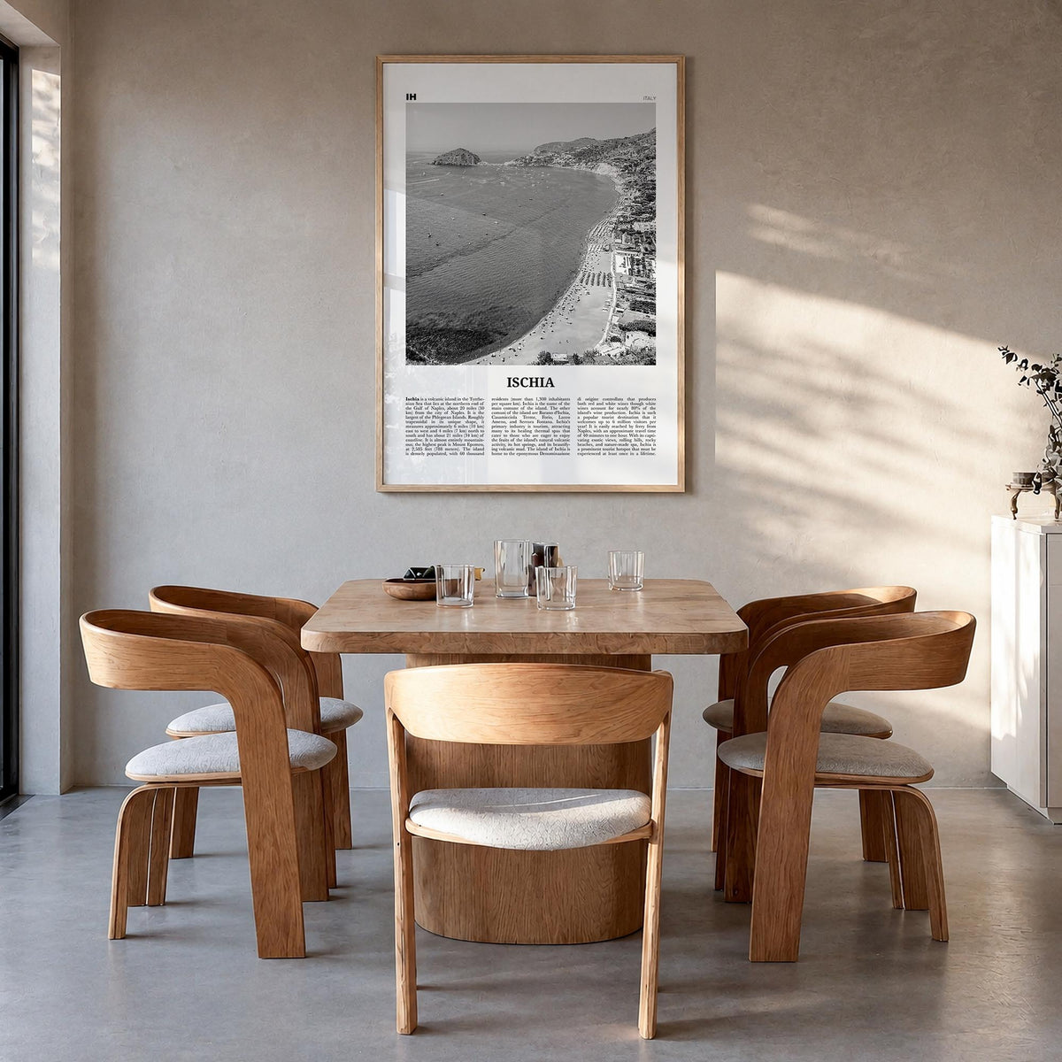 Ischia black & white newspaper poster of Italy – vertical wall art in natural wood frame, hanging on wall