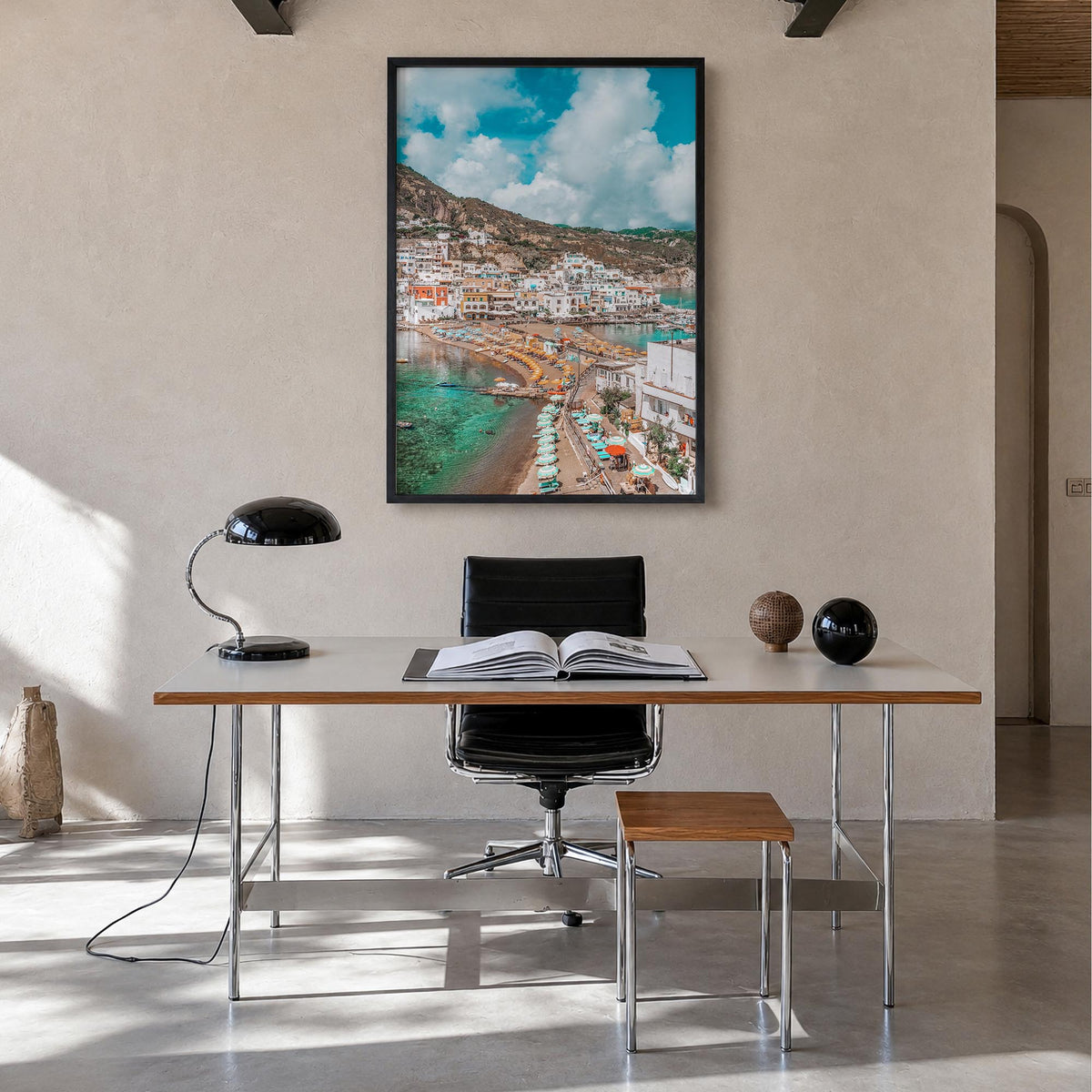 Ischia colorful photo poster of Italy – vertical wall art in black wood frame, hanging on wall
