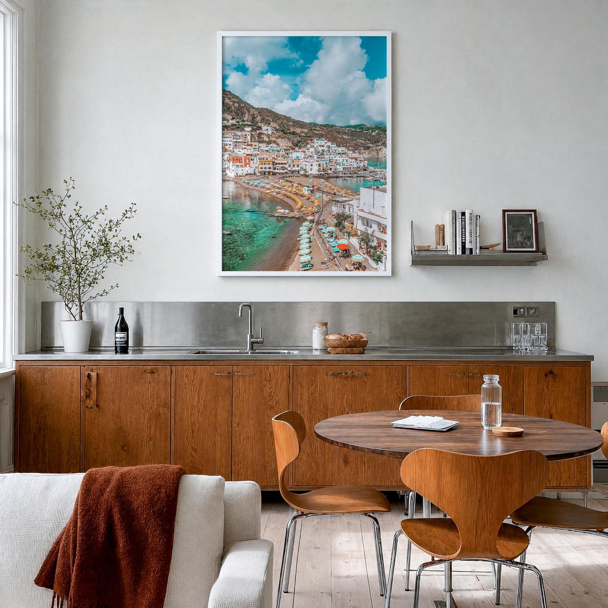 Ischia colorful photo poster of Italy – vertical wall art in white wood frame, hanging on wall