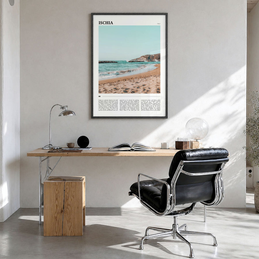 Ischia Travel Poster in a black wood frame, hanging in a bright home office