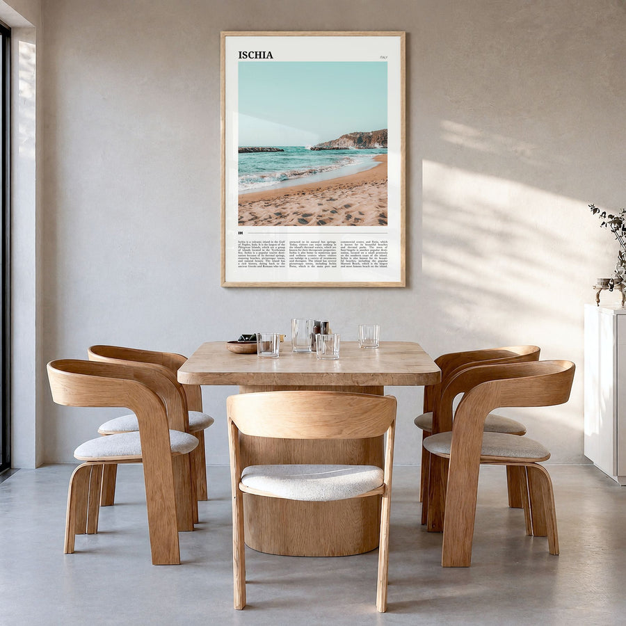 Ischia Travel Poster in a natural wood frame, hanging in a dining room