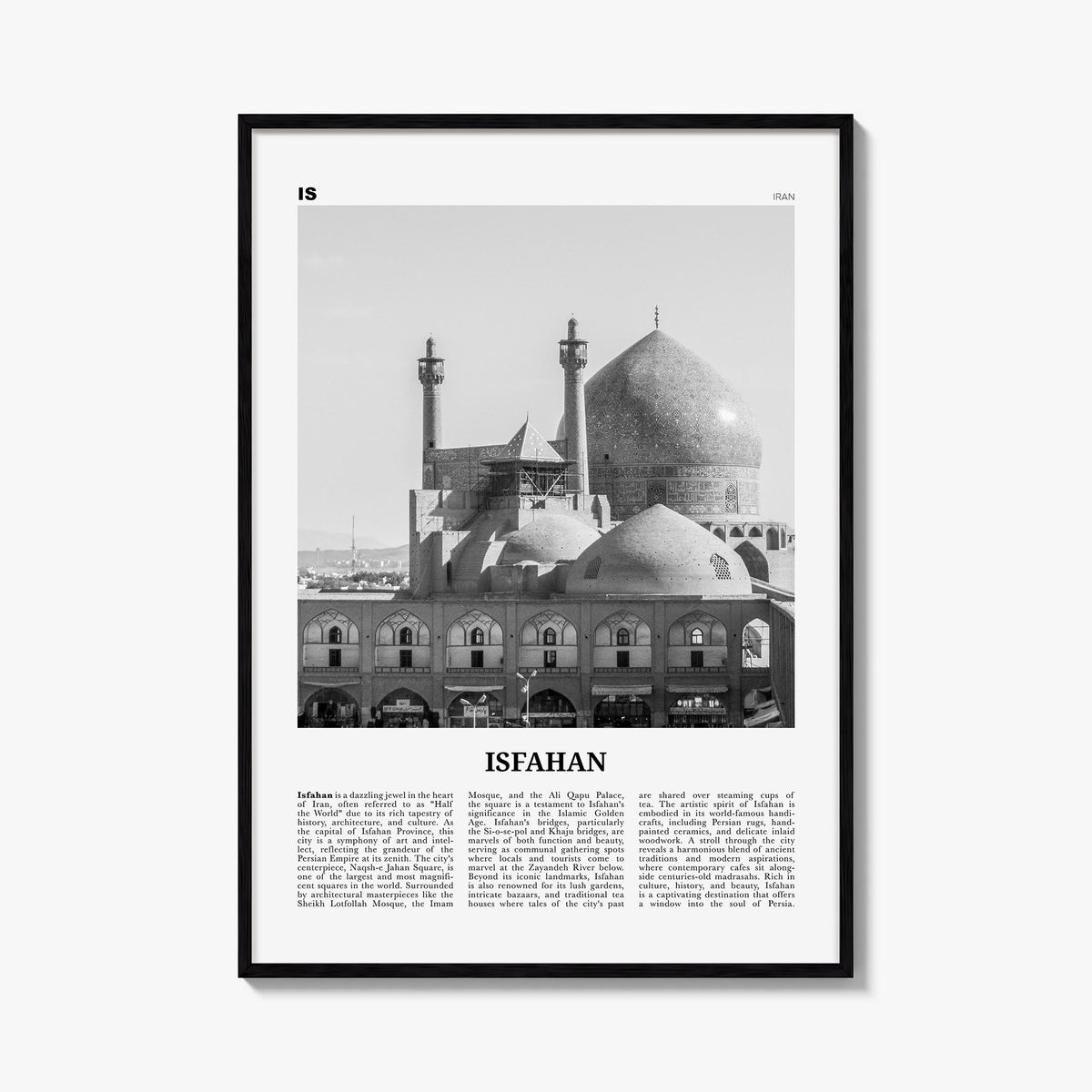 Isfahan black & white newspaper poster of Iran – vertical wall art, unframed print shown in interior mockup