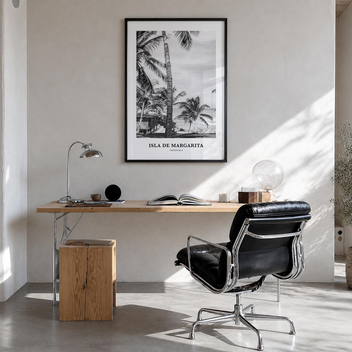 Isla de Margarita black & white classic poster of Venezuela – vertical wall art in black wood frame, hanging on wall