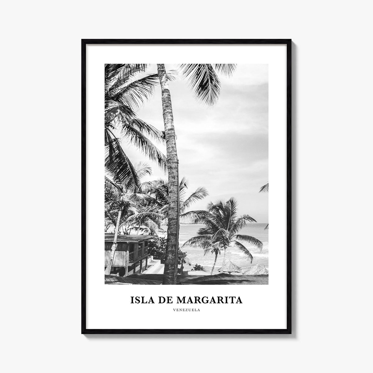 Isla de Margarita black & white classic poster of Venezuela – vertical wall art, unframed print shown in interior mockup