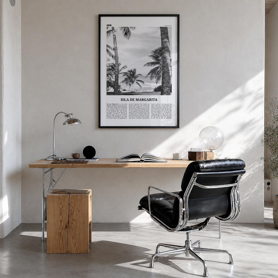 Isla de Margarita black & white newspaper poster of Venezuela – vertical wall art in black wood frame, hanging on wall