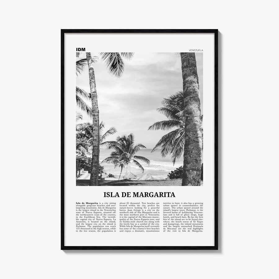 Isla de Margarita black & white newspaper poster of Venezuela – vertical wall art, unframed print shown in interior mockup