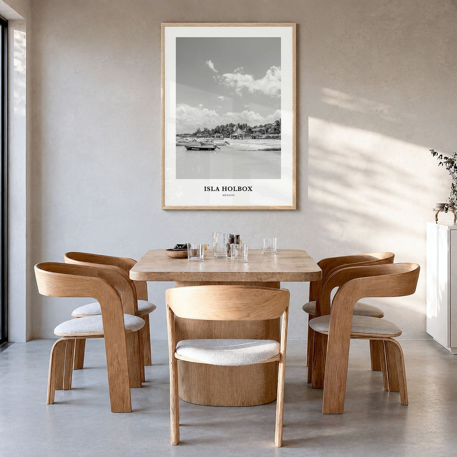 Isla Holbox Classic Poster in a natural wood frame, hanging in a dining room