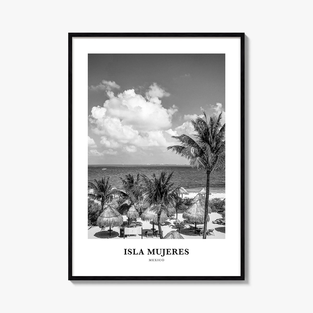 Isla Mujeres black & white classic poster of Mexico – vertical wall art, unframed print shown in interior mockup