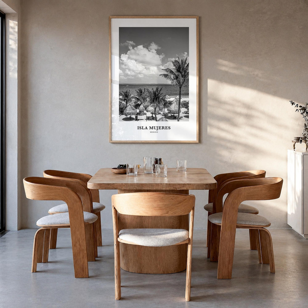 Isla Mujeres black & white classic poster of Mexico – vertical wall art in natural wood frame, hanging on wall