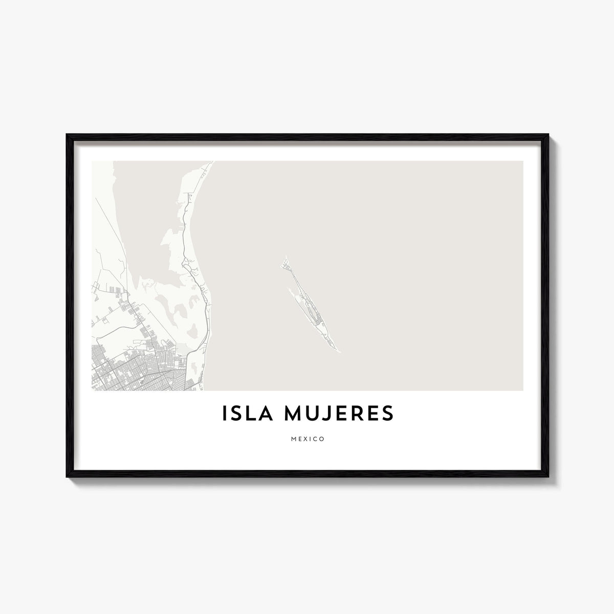 Isla Mujeres black & white map poster of Mexico – horizontal wall art, unframed print shown in interior mockup