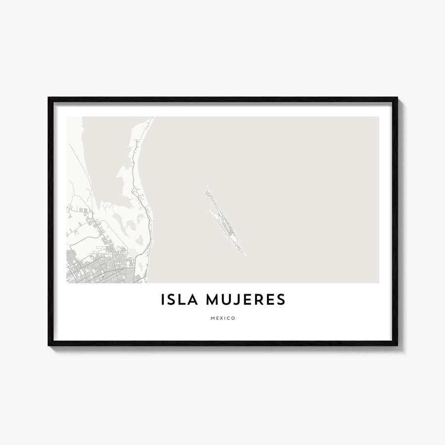Isla Mujeres black & white map poster of Mexico – horizontal wall art, unframed print shown in interior mockup