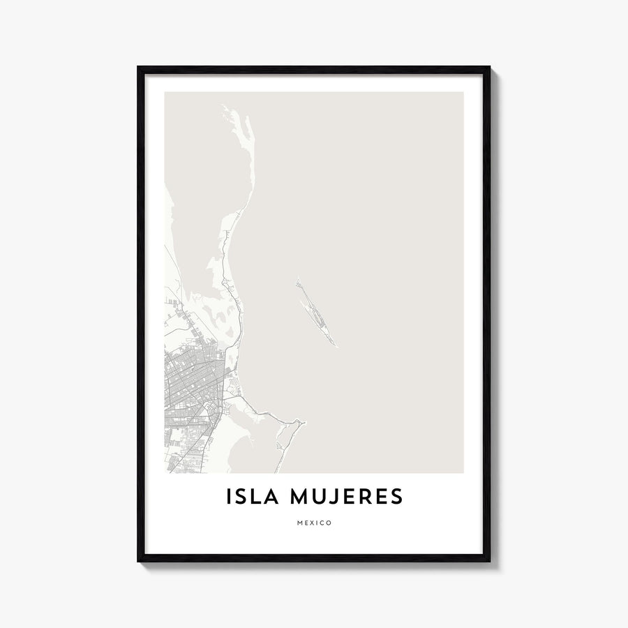 Isla Mujeres black & white map poster of Mexico – vertical wall art, unframed print shown in interior mockup