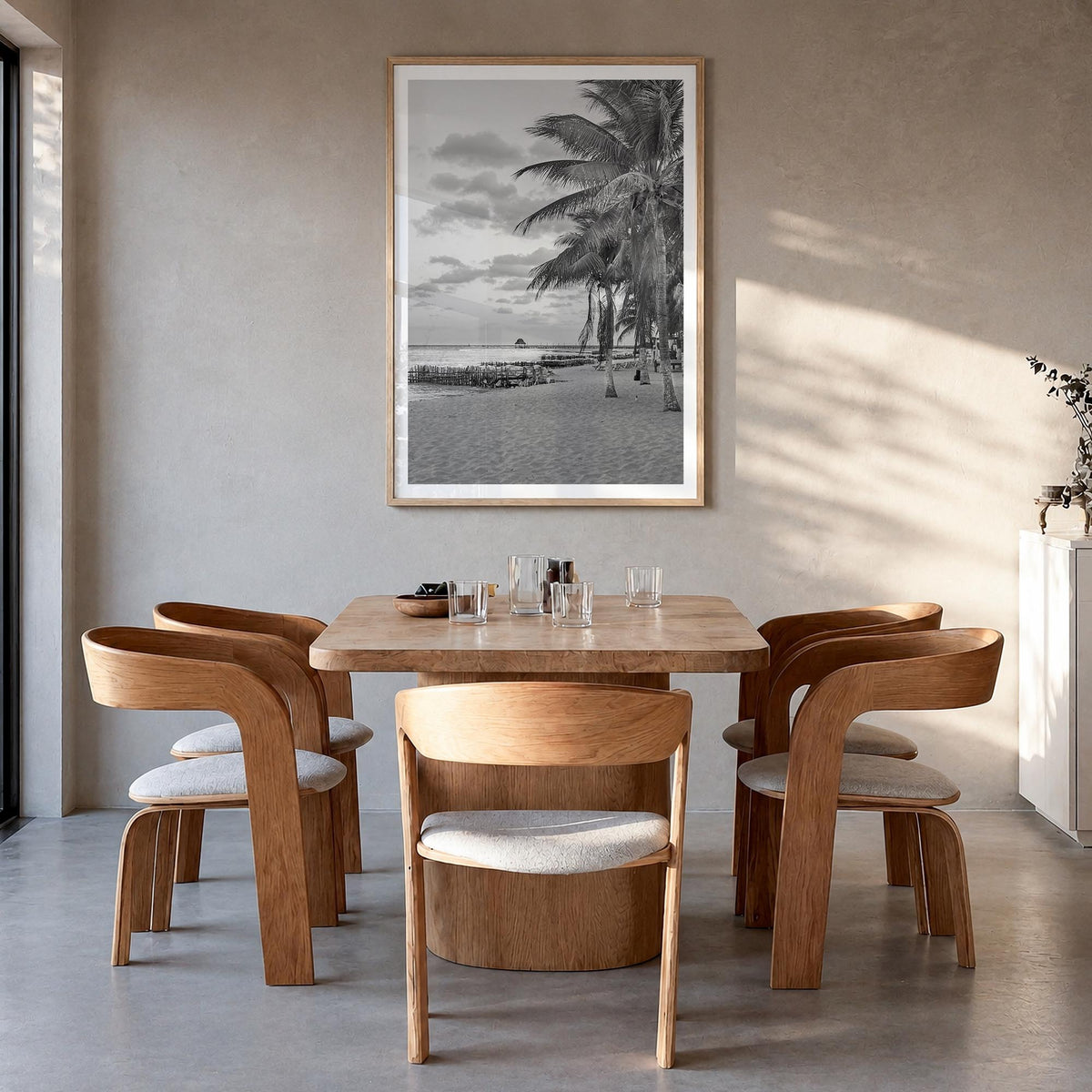 Isla Mujeres black & white photo poster of Mexico – vertical wall art in natural wood frame with white border, hanging on wal