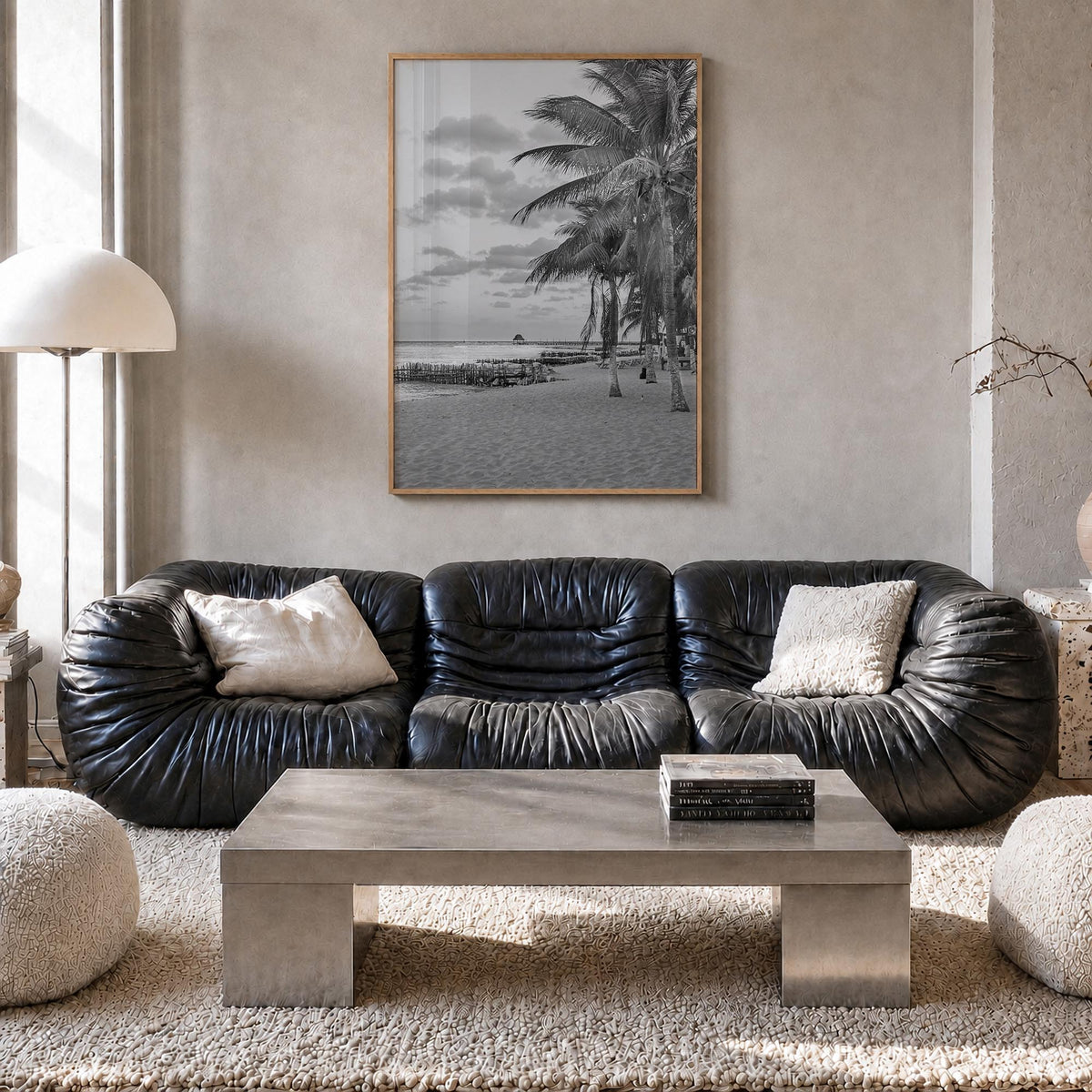 Isla Mujeres black & white photo poster of Mexico – vertical wall art in natural wood frame, hanging on wall