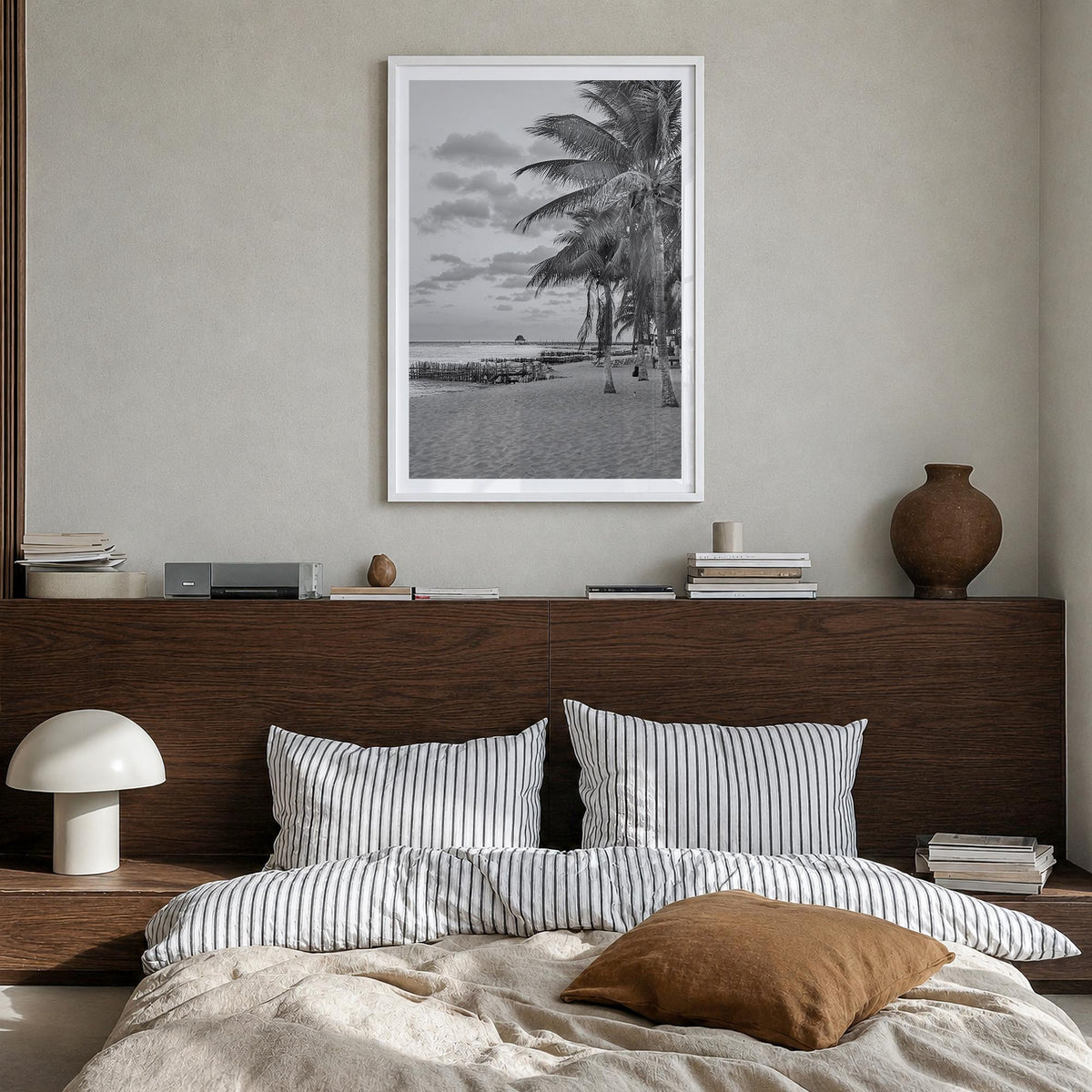 Isla Mujeres black & white photo poster of Mexico – vertical wall art in white wood frame with white border, hanging on wall