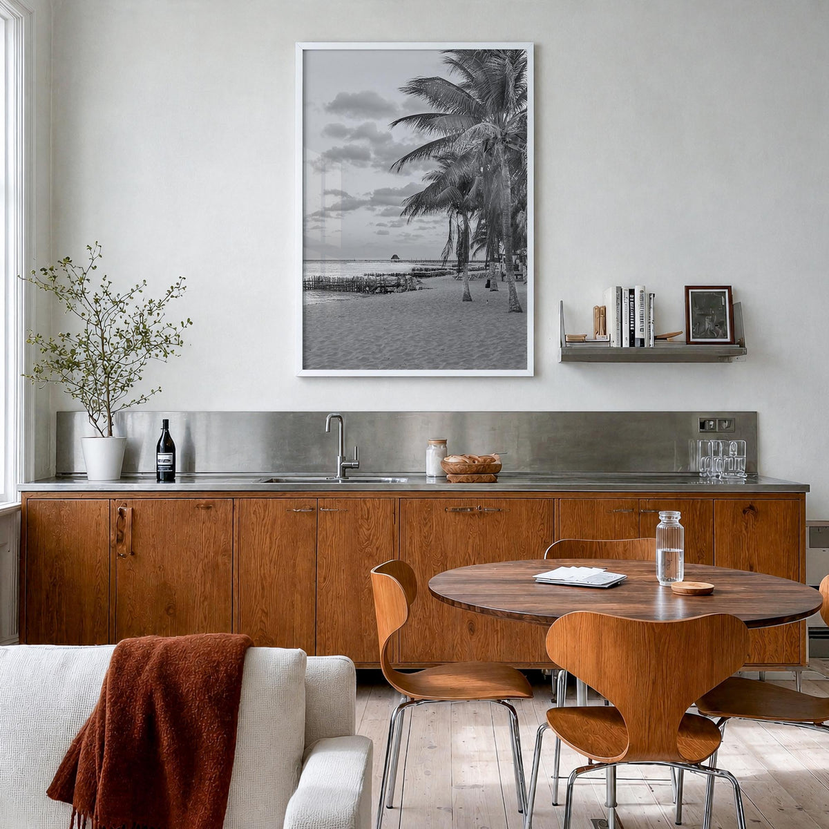 Isla Mujeres black & white photo poster of Mexico – vertical wall art in white wood frame, hanging on wall
