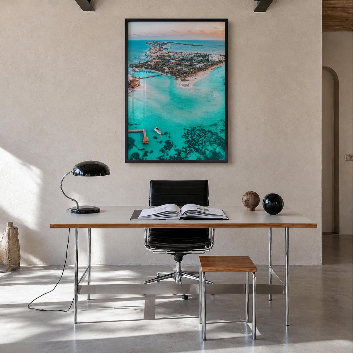 Isla Mujeres colorful photo poster of Mexico – vertical wall art in black wood frame, hanging on wall