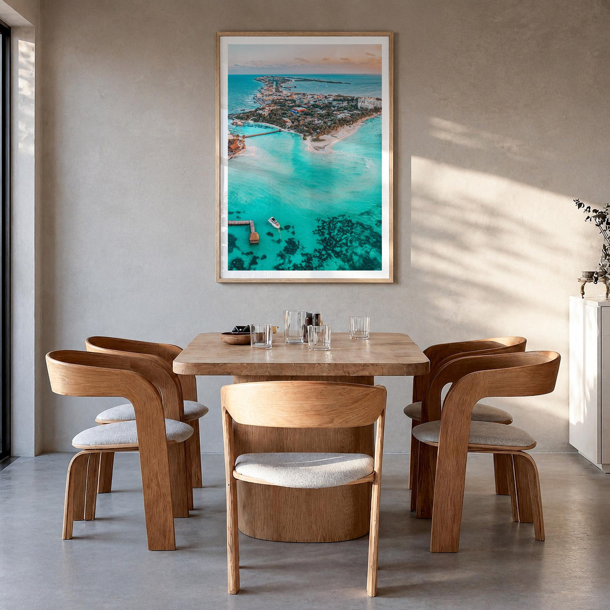 Isla Mujeres colorful photo poster of Mexico – vertical wall art in natural wood frame with white border, hanging on wall