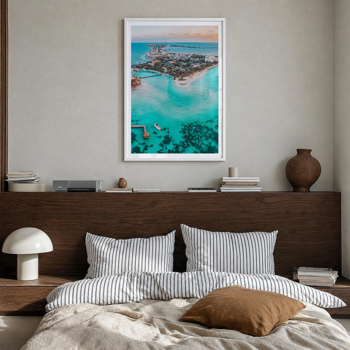 Isla Mujeres colorful photo poster of Mexico – vertical wall art in white wood frame with white border, hanging on wall
