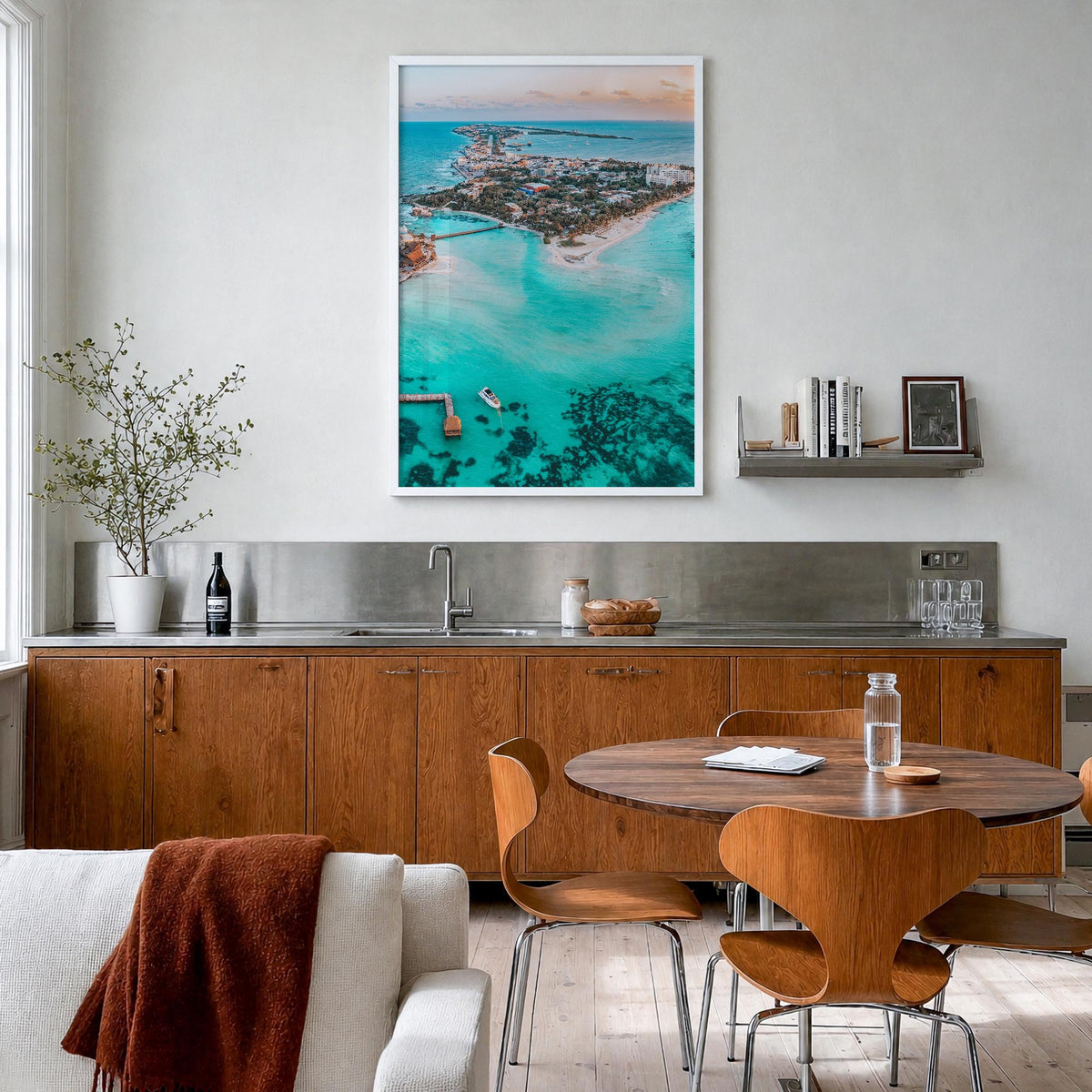 Isla Mujeres colorful photo poster of Mexico – vertical wall art in white wood frame, hanging on wall