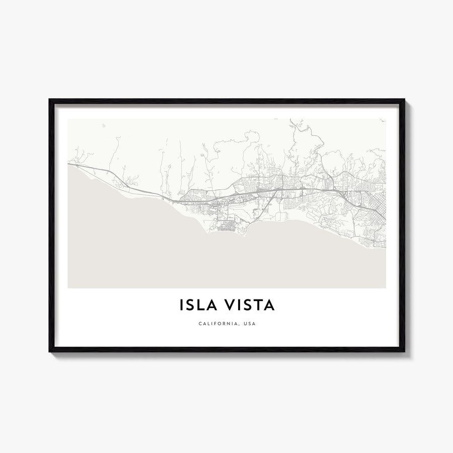 Isla Vista black & white map poster of California, USA – horizontal wall art, unframed print shown in interior mockup