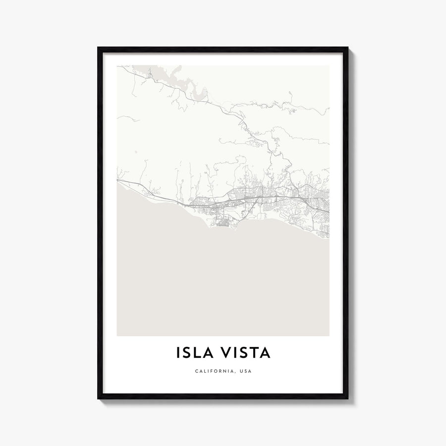 Isla Vista black & white map poster of California, USA – vertical wall art, unframed print shown in interior mockup