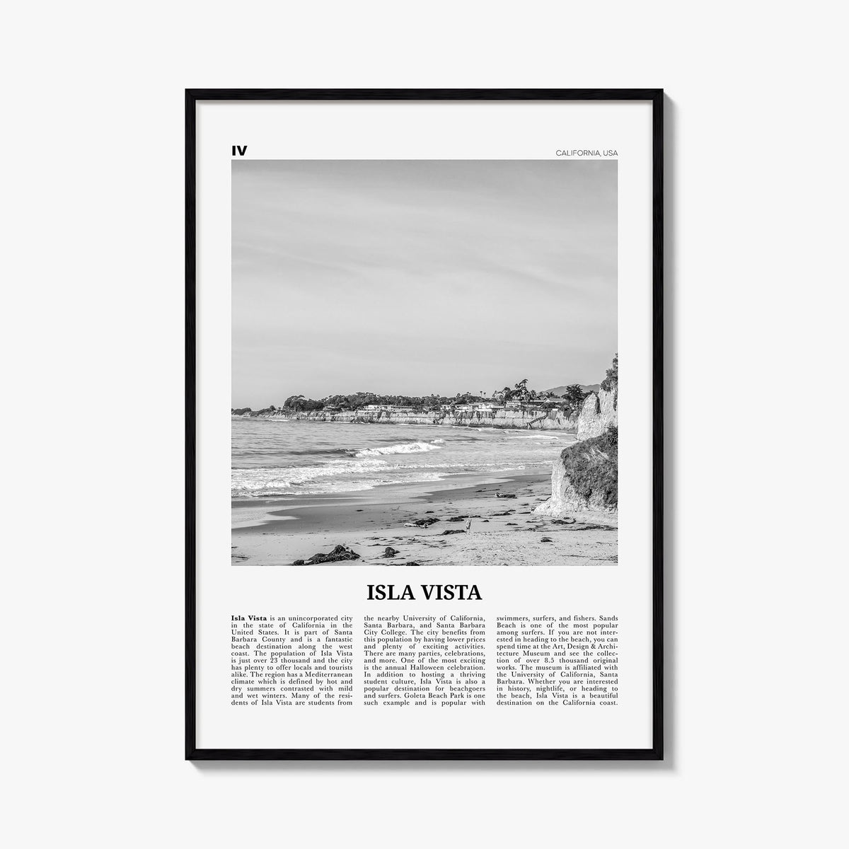 Isla Vista black & white newspaper poster of California, USA – vertical wall art, unframed print shown in interior mockup