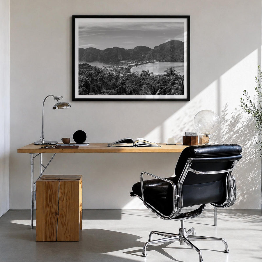 Isla Vista black & white photo poster of California, USA – horizontal wall art in black wood frame with white border, hanging