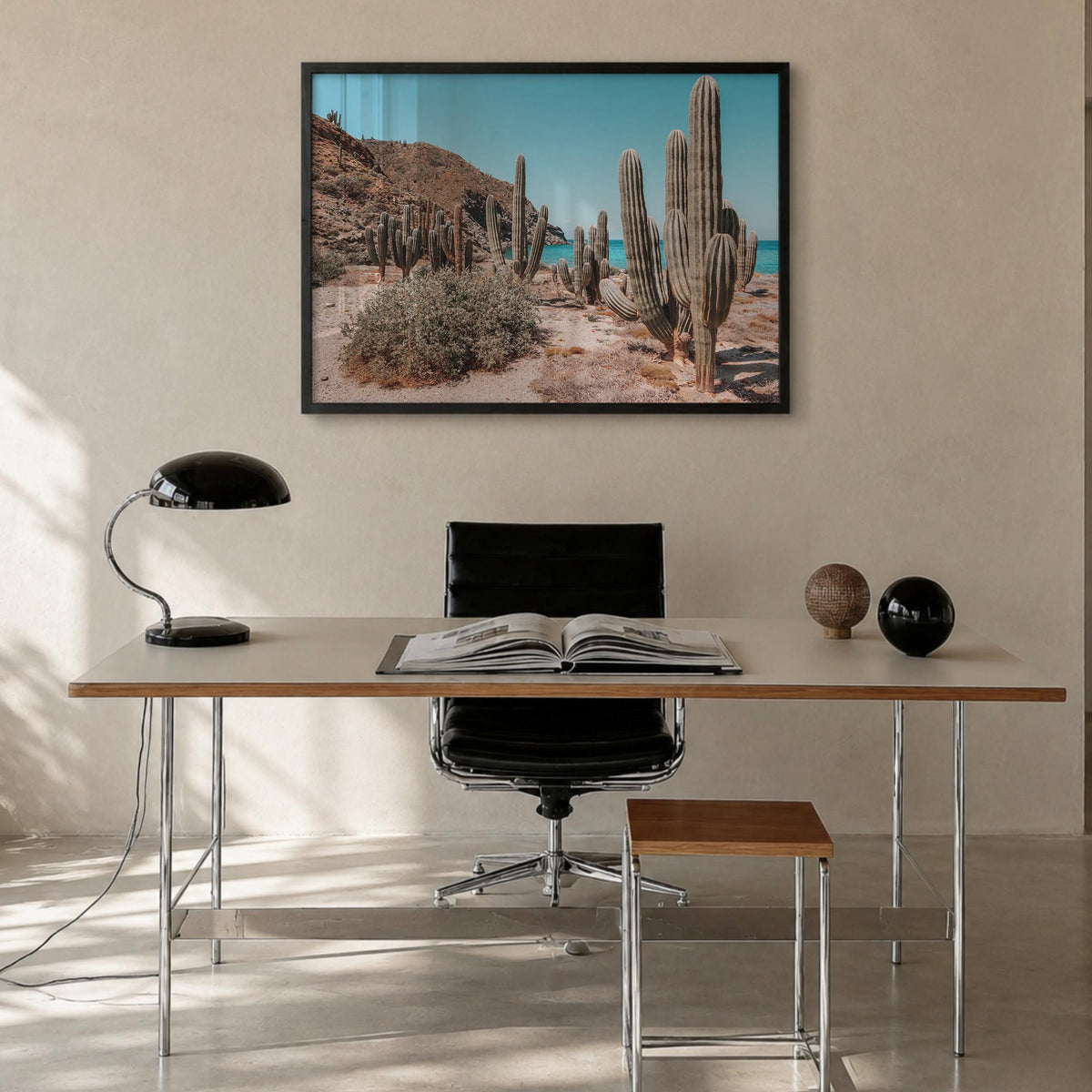 Isla Vista colorful photo poster of California, USA – horizontal wall art in black wood frame, hanging on wall