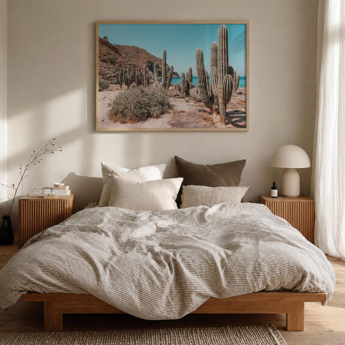 Isla Vista colorful photo poster of California, USA – horizontal wall art in natural wood frame, hanging on wall