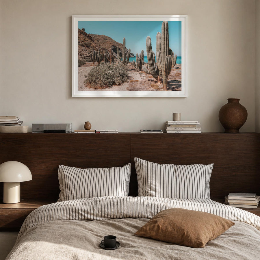 Isla Vista colorful photo poster of California, USA – horizontal wall art in white wood frame with white border, hanging on w