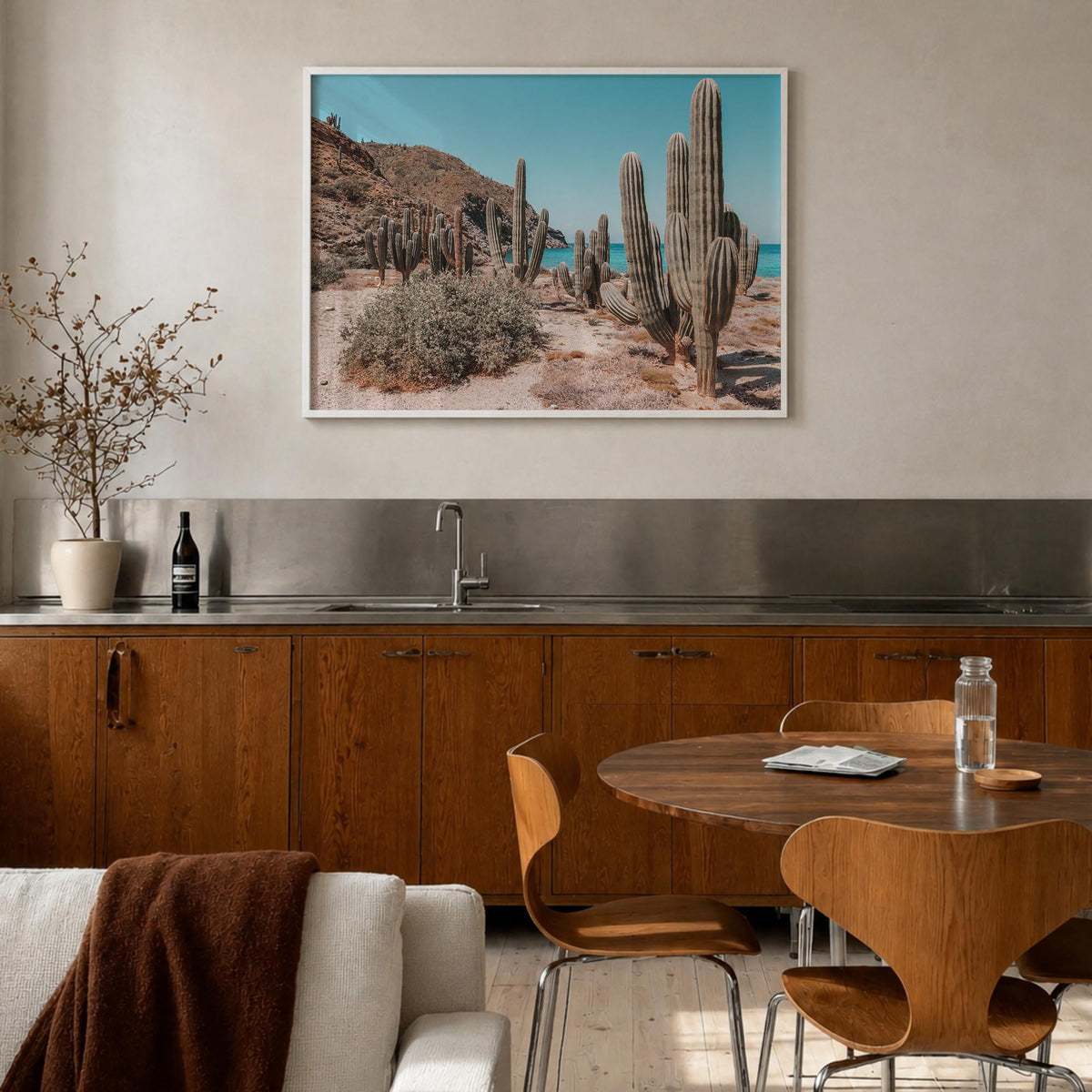 Isla Vista colorful photo poster of California, USA – horizontal wall art in white wood frame, hanging on wall
