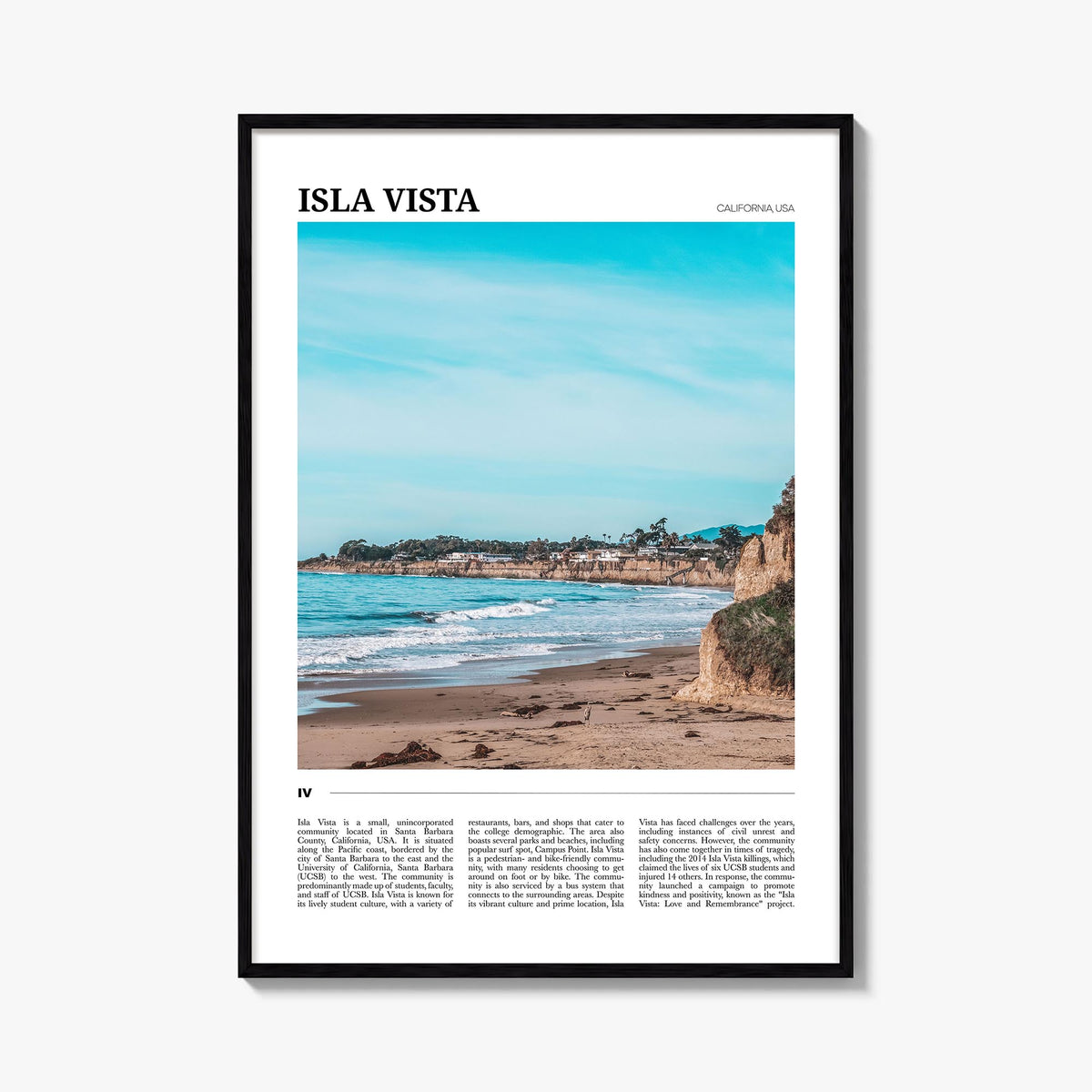 Isla Vista colorful travel poster of California, USA – vertical wall art, unframed print shown in interior mockup