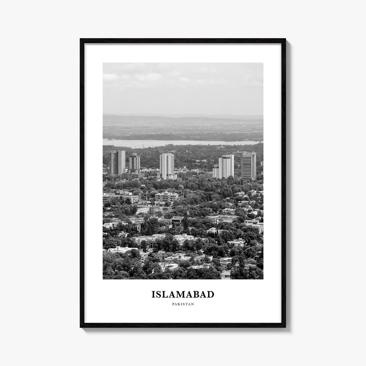 Islamabad black & white classic poster of Pakistan – vertical wall art, unframed print shown in interior mockup