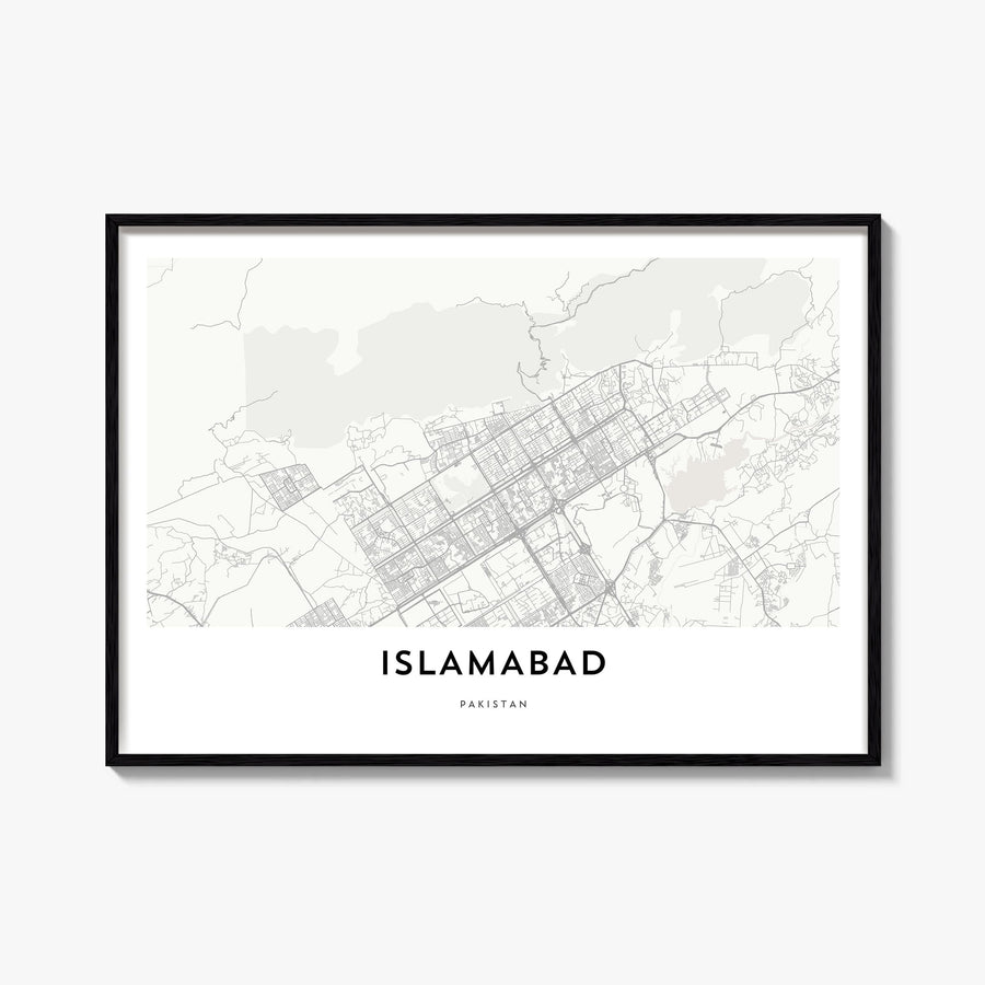 Islamabad black & white map poster of Pakistan – horizontal wall art, unframed print shown in interior mockup