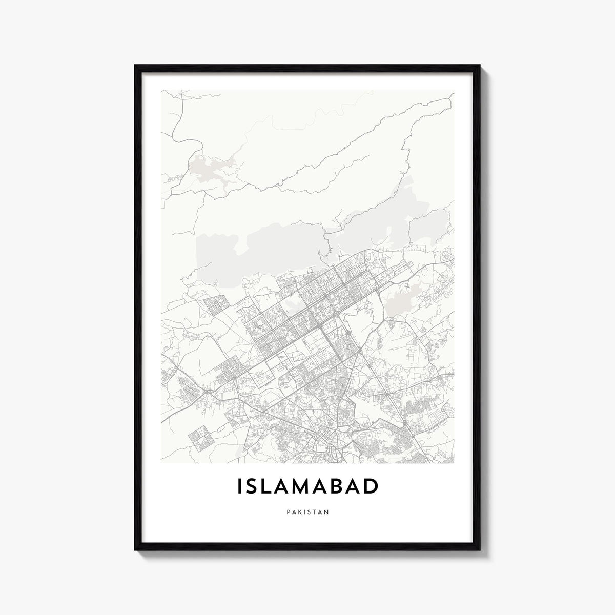 Islamabad black & white map poster of Pakistan – vertical wall art, unframed print shown in interior mockup