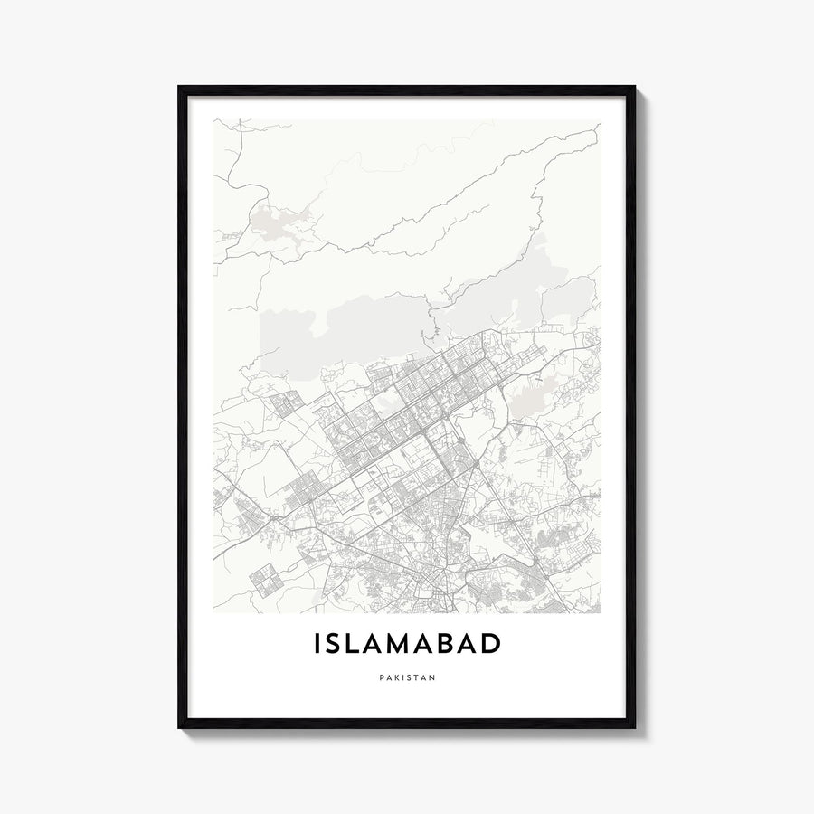Islamabad black & white map poster of Pakistan – vertical wall art, unframed print shown in interior mockup