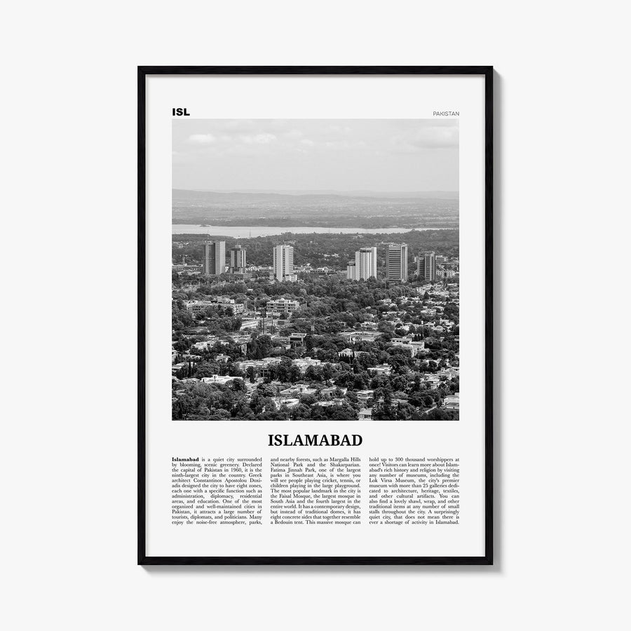 Islamabad black & white newspaper poster of Pakistan – vertical wall art, unframed print shown in interior mockup