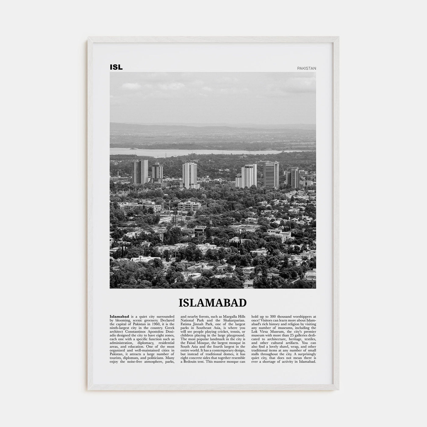 Islamabad Poster White Wood / 8x12 in Nbourhood Travel B&W Poster