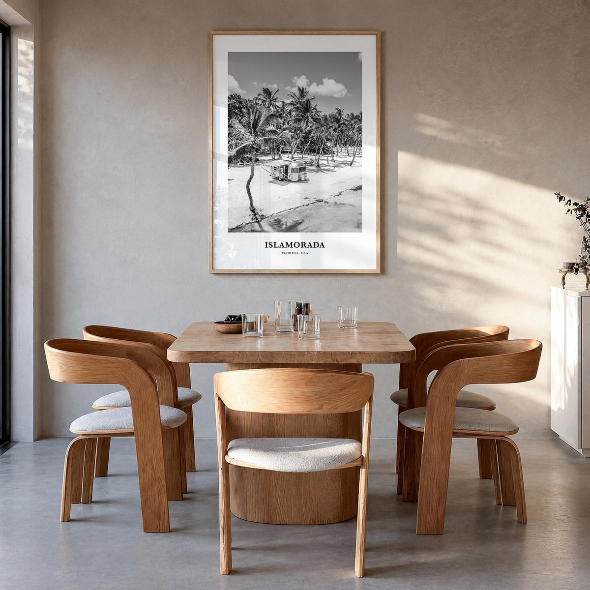 Islamorada black & white classic poster of Florida, USA – vertical wall art in natural wood frame, hanging on wall