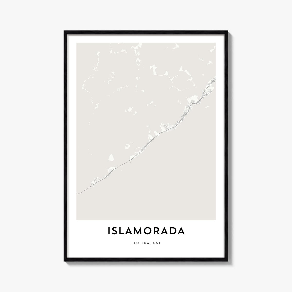 Islamorada black & white map poster of Florida, USA – vertical wall art, unframed print shown in interior mockup