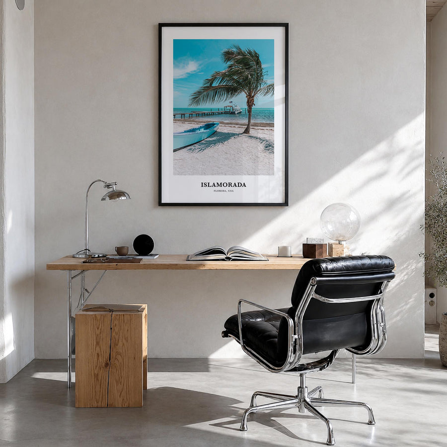 Islamorada colorful classic poster of Florida, USA – vertical wall art in black wood frame, hanging on wall