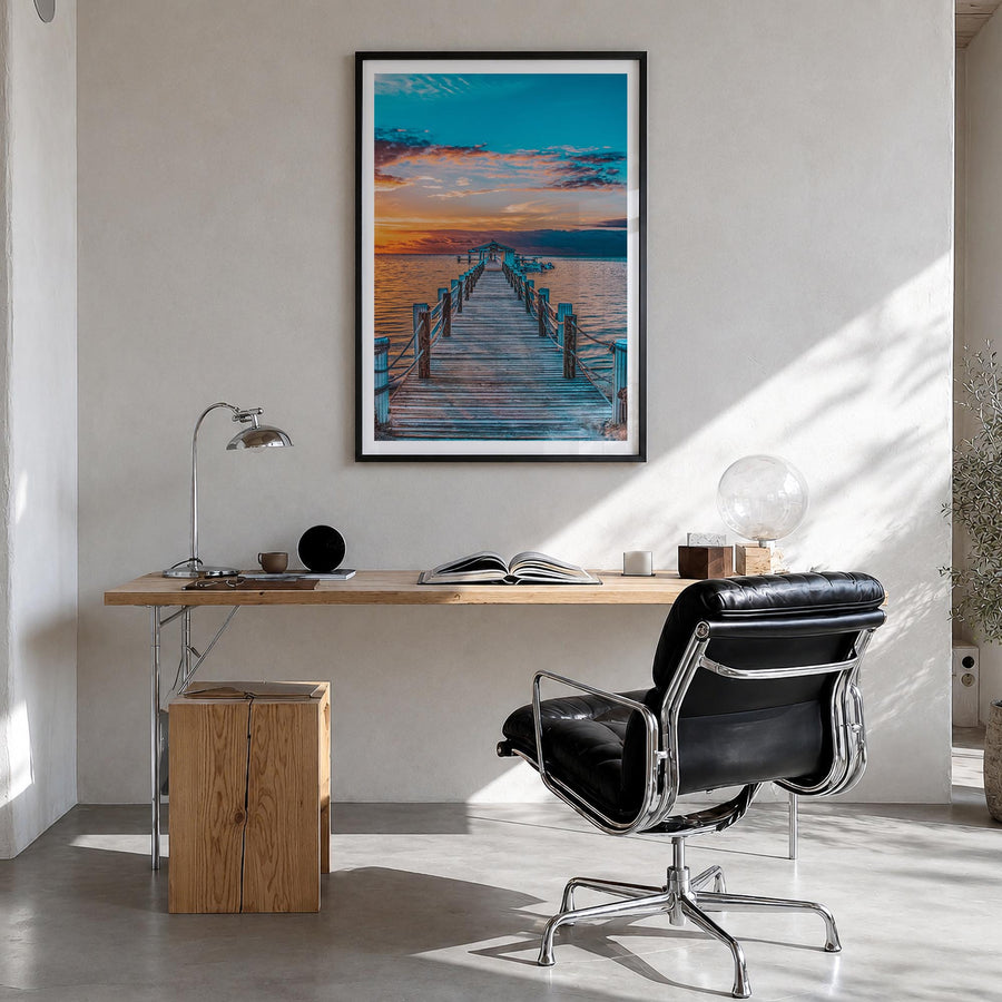 Islamorada colorful photo poster of Florida, USA – vertical wall art in black wood frame with white border, hanging on wall