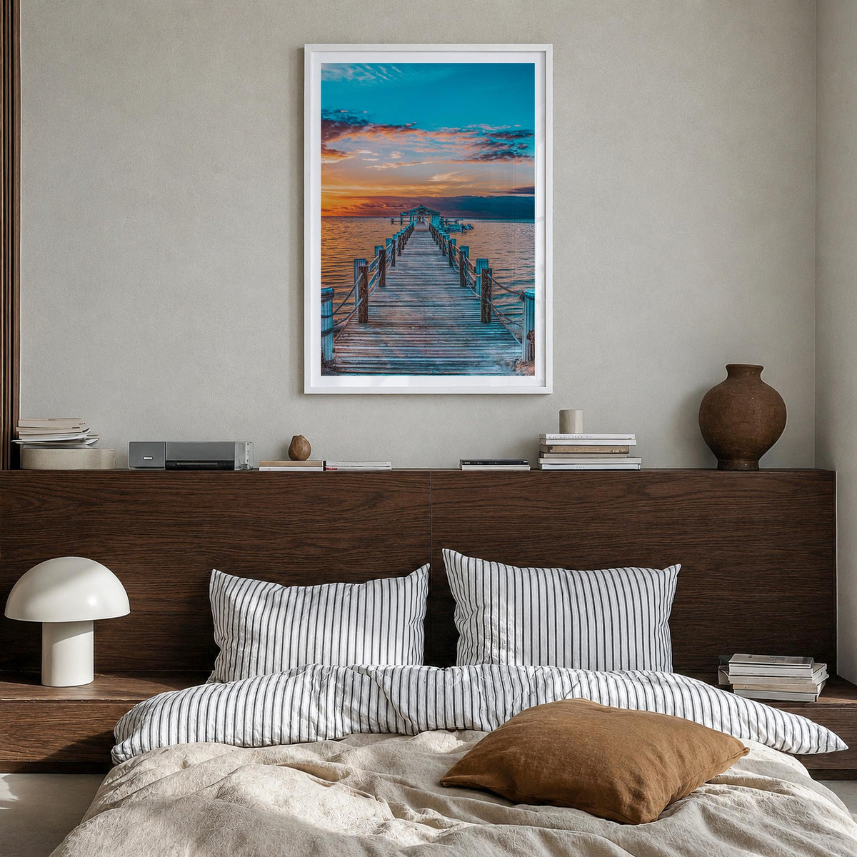 Islamorada colorful photo poster of Florida, USA – vertical wall art in white wood frame with white border, hanging on wall