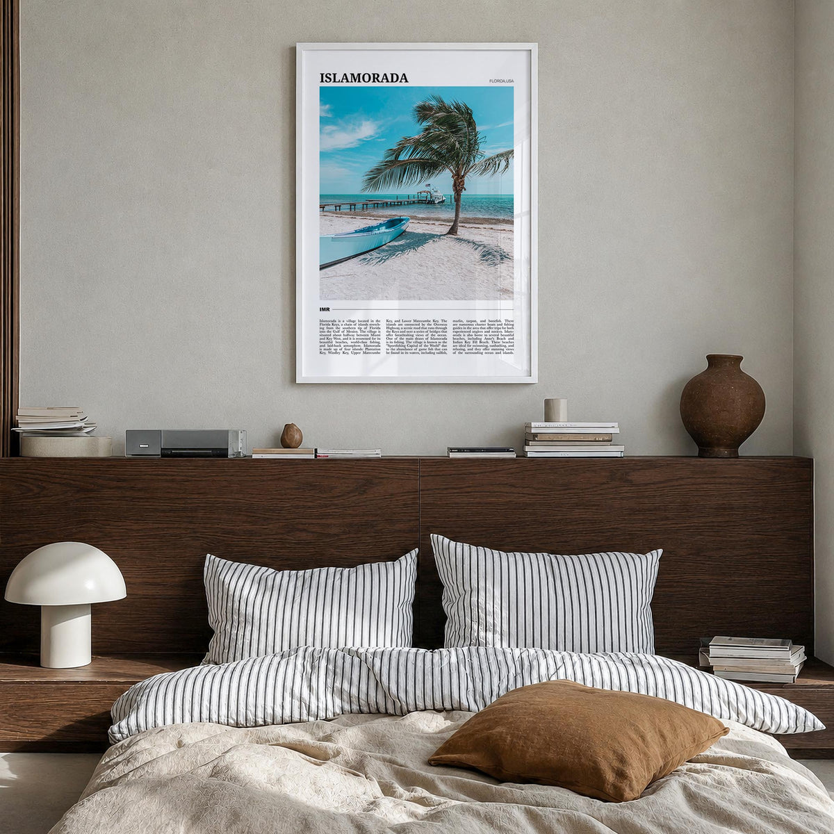 Islamorada colorful travel poster of Florida, USA – vertical wall art in white wood frame, hanging on wall