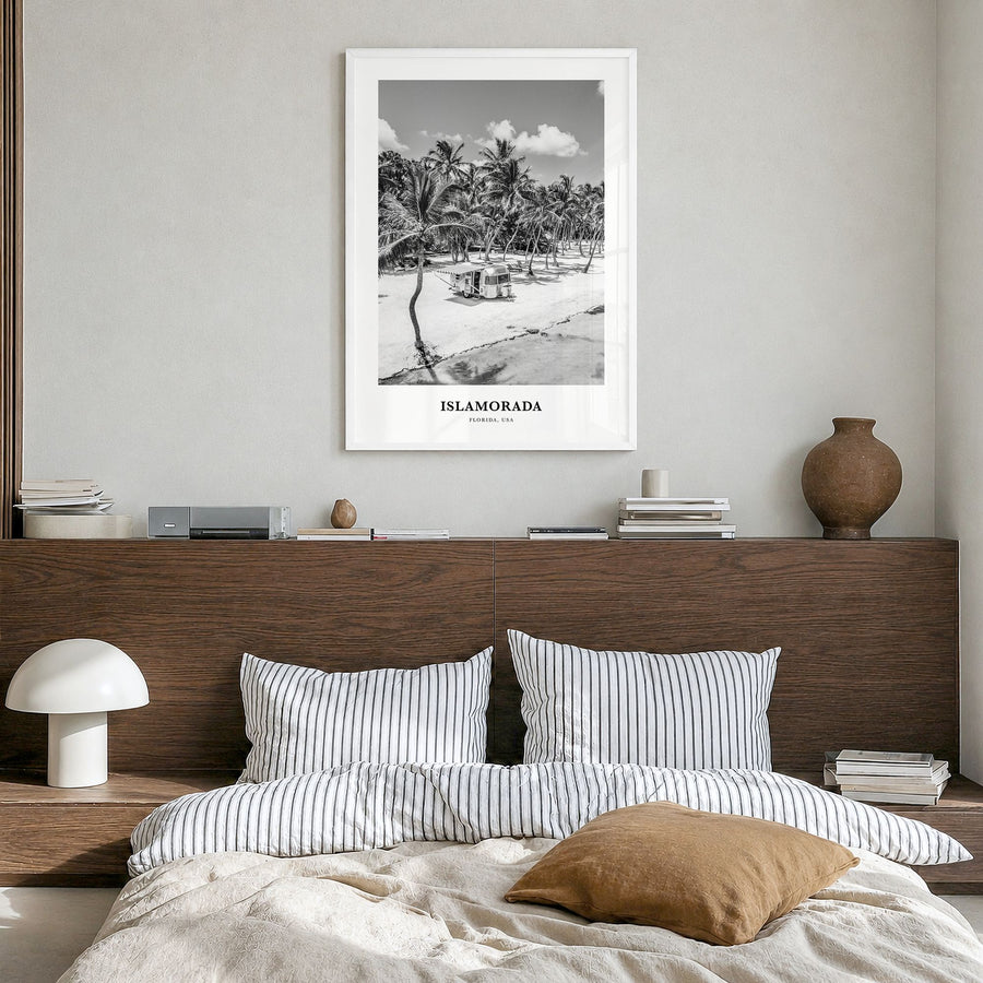 Islamorada Classic Poster in a white wood frame, hanging in a bedroom
