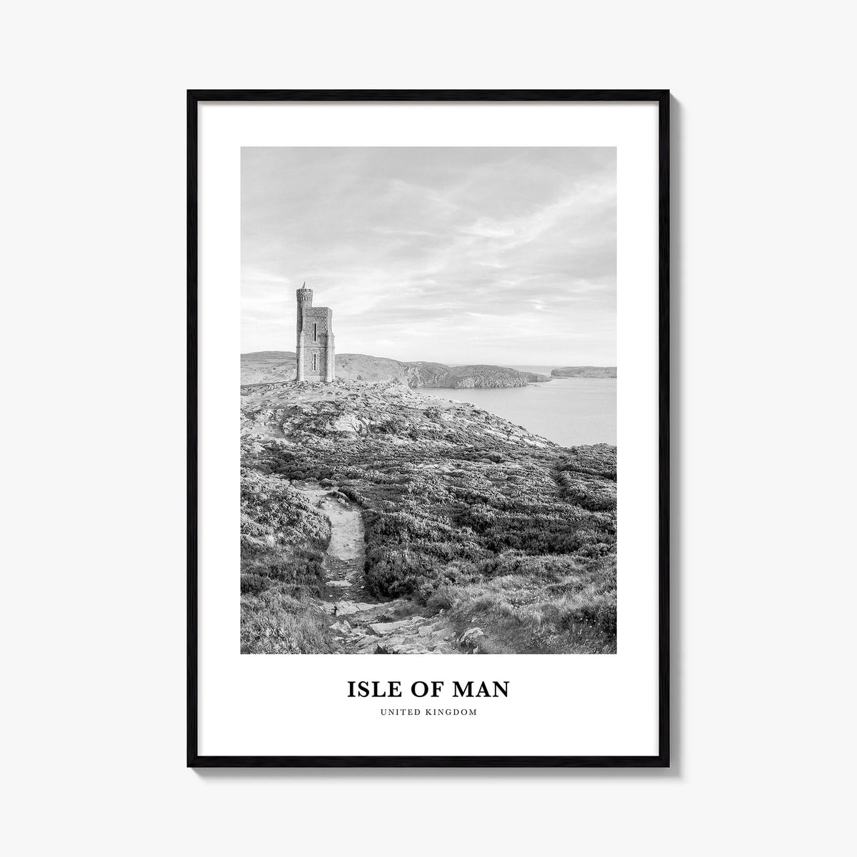 Isle of Man black & white classic poster of Europe – vertical wall art, unframed print shown in interior mockup