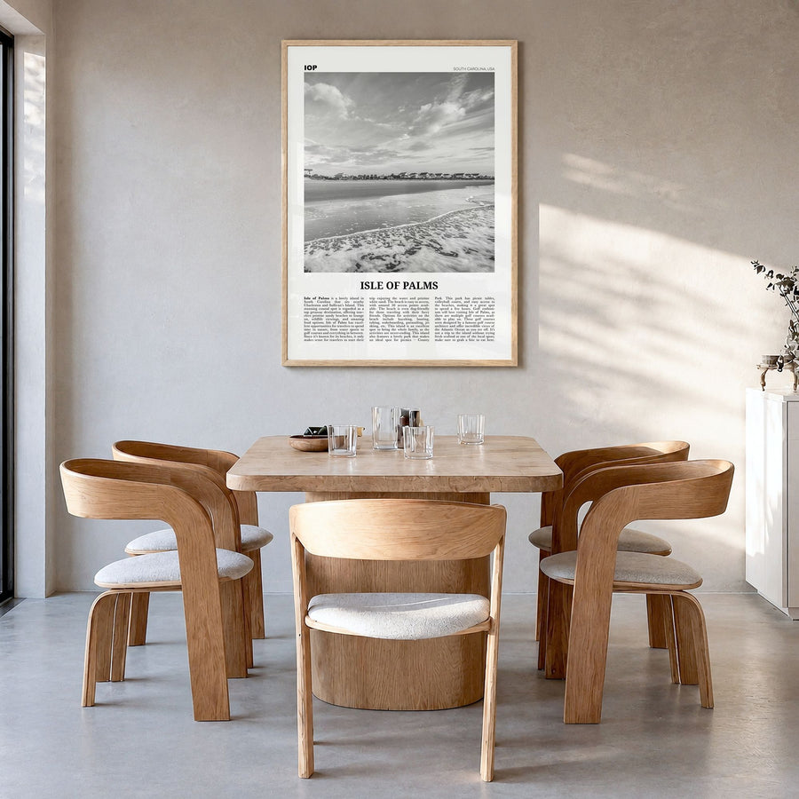 Isle of Palms Newspaper Poster in a natural wood frame, hanging in a dining room